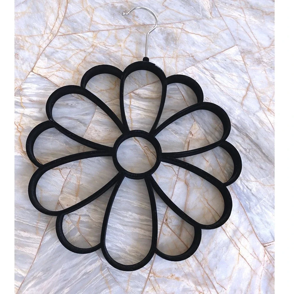 Black Velvet Flocked Flower Scarf Hanger 12 Loop Belt Accessory Organizer